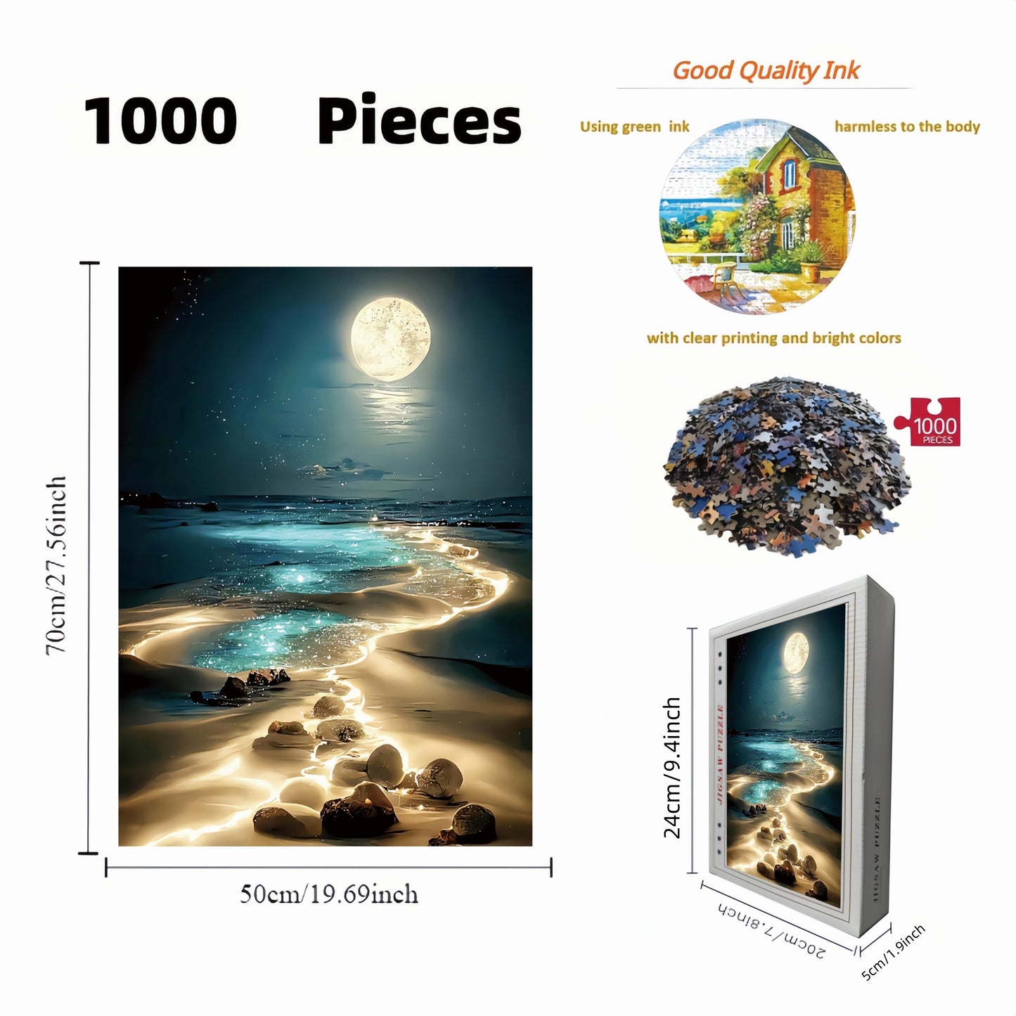 1000 Pieces Jigsaw Puzzle: Moonlit Beach Landscape,