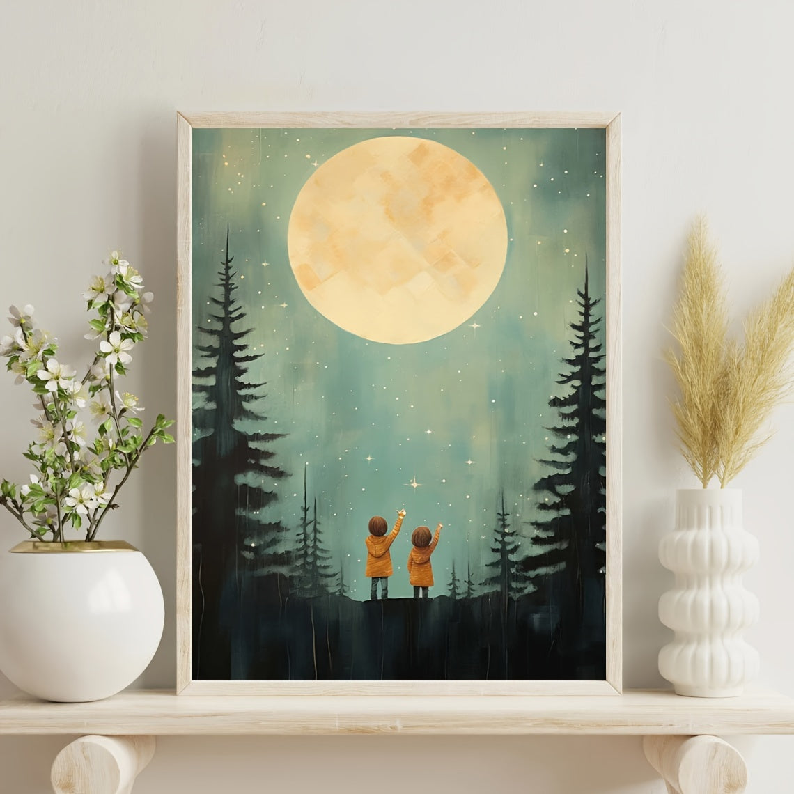 Starry Night Adventure 30.48X40.64cm Frameless Canvas Art - Siblings & Forest Stars Print For Kids' Room, Fun Wall Decor For Home, Bedroom, Living Room, Bathroom, Office, And Cafe