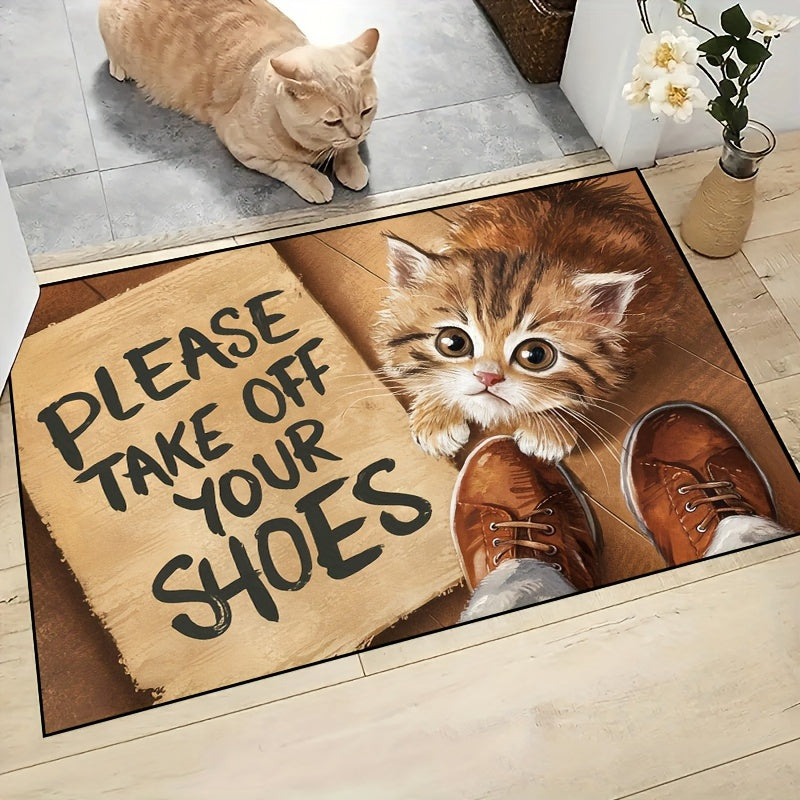 Cute Cat Design Polyester Doormat 1pc, Machine Washable Non-Slip Indoor Outdoor Mat