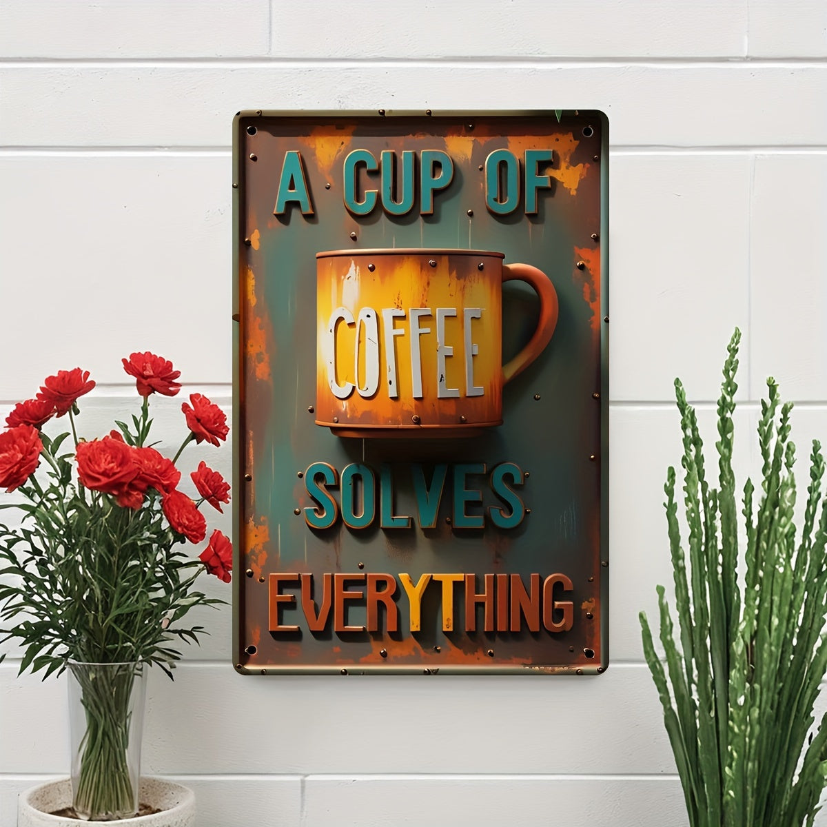 "A Cup Of Coffee Solves Everything" Retro Metal Tin Sign