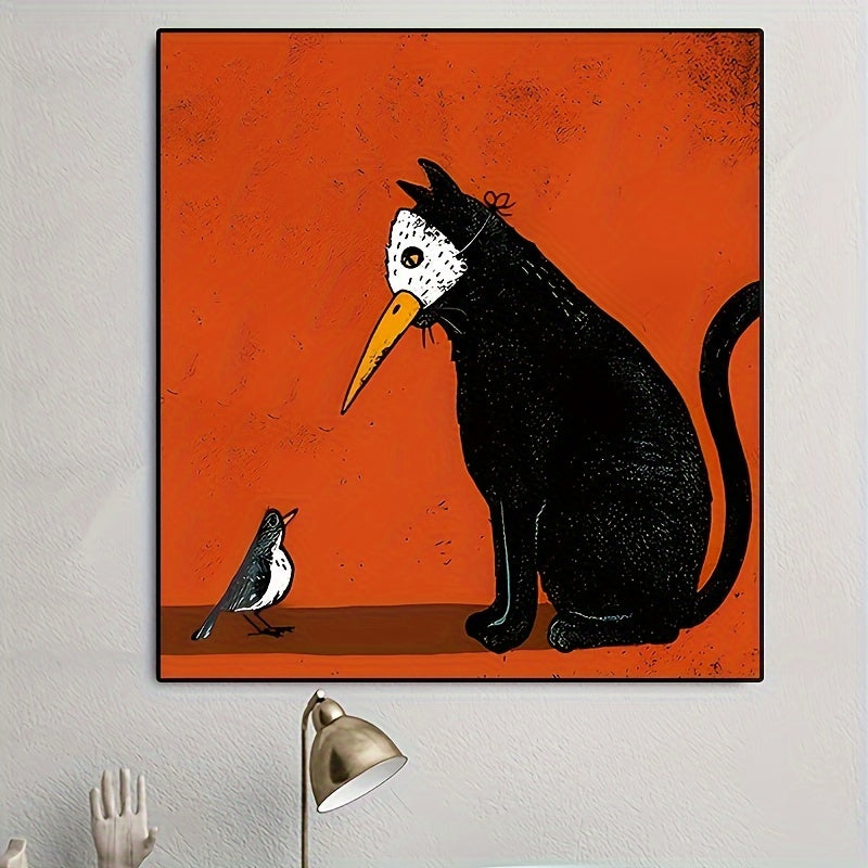 1pc Unframed Canvas Poster, Artistic Vintage Cat & Bird Painting,