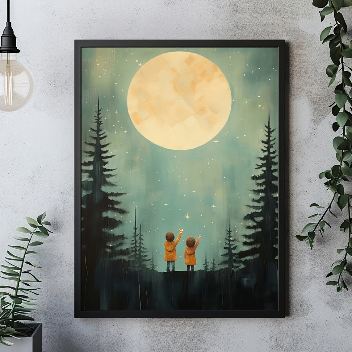 Starry Night Adventure 30.48X40.64cm Frameless Canvas Art - Siblings & Forest Stars Print For Kids' Room, Fun Wall Decor For Home, Bedroom, Living Room, Bathroom, Office, And Cafe